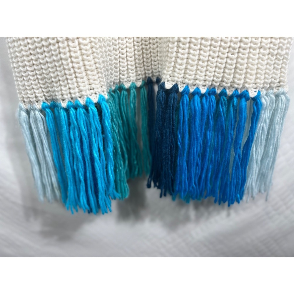 ANTHROPOLOGIE Long Cardigan‎ Sweater Cream w Blue Ombre Fringe Size OS Boho - Picture 12 of 16